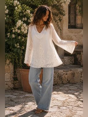 Forgotten Grace Ivory Sheer Embroidered Boho Tunic Top Medium